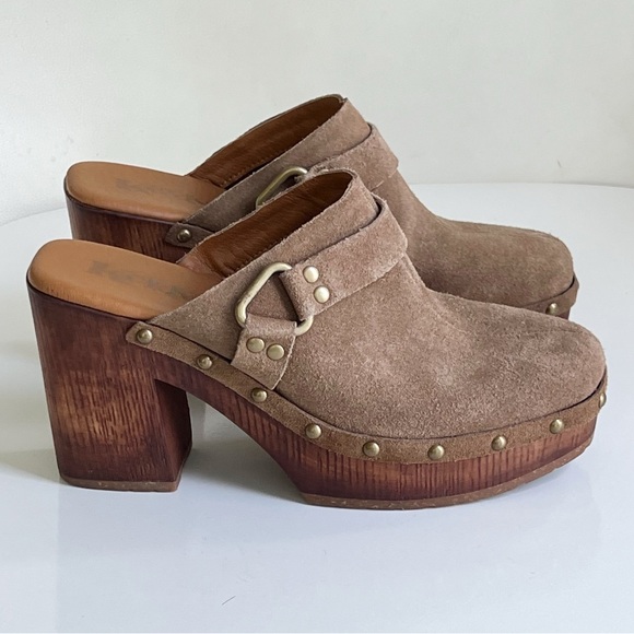 Korks by Kork-Ease Tan Suede Leather Studded Chunky Clogs - Picture 1 of 14